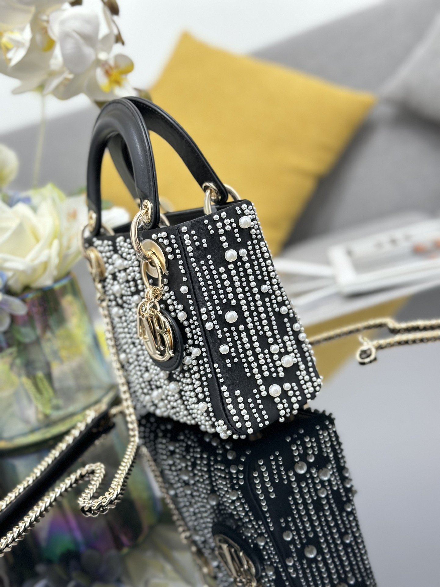 Mini Lady Dior Bag Black Satin Embroidered with White Resin Pearls